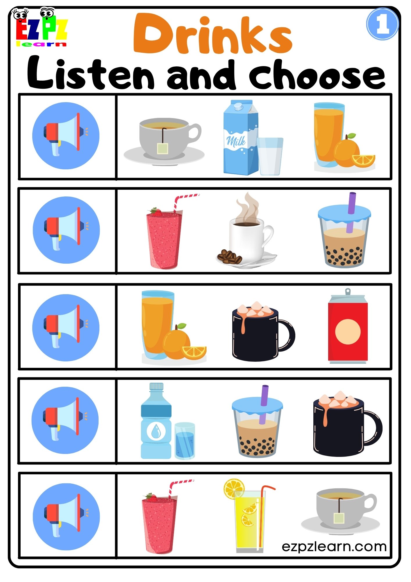 Interactive Drinks Vocabulary Worksheet Listen and Choose the Correct